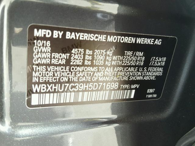 WBXHU7C39H5D71698 - 2017 BMW X1 SDRIVE2 GRAY photo 10