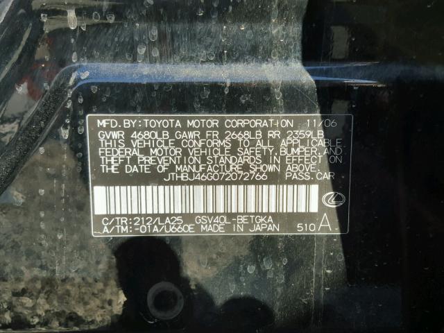 JTHBJ46G072072766 - 2007 LEXUS ES 350 BLACK photo 10