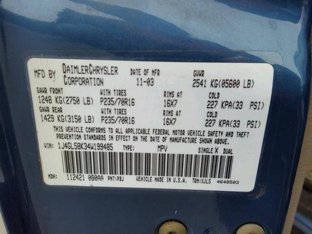 1J4GL58K34W199485 - 2004 JEEP LIBERTY LI BLUE photo 10