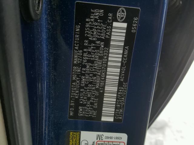 4T1BE46K57U104332 - 2007 TOYOTA CAMRY NEW BLUE photo 10