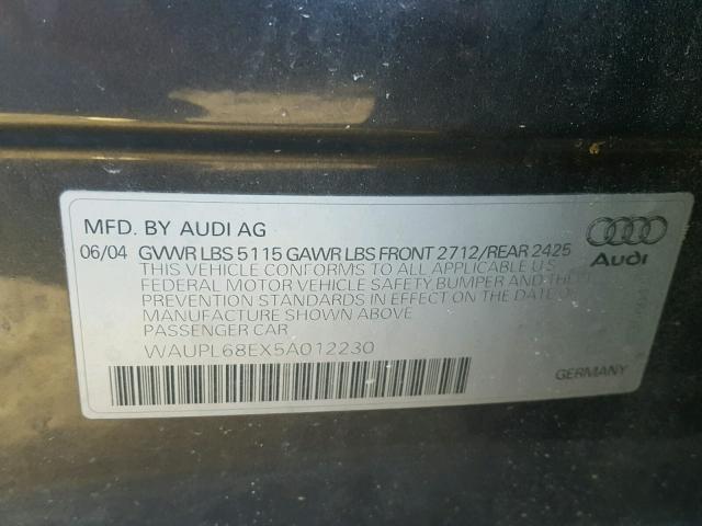 WAUPL68EX5A012230 - 2005 AUDI S4 BLUE photo 10