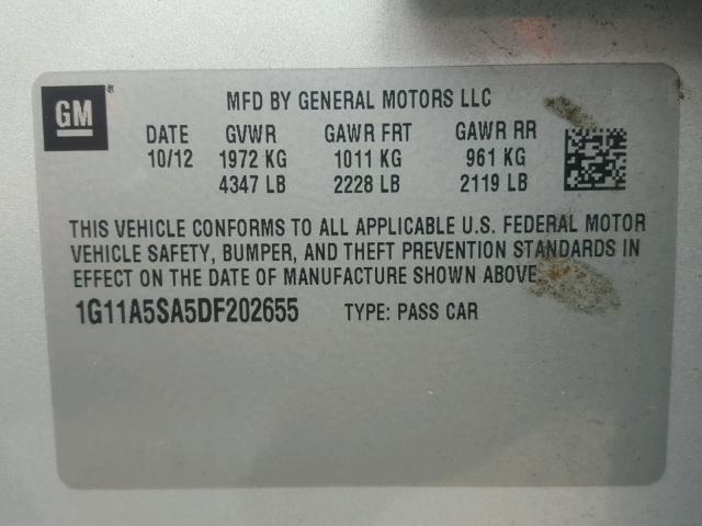 1G11A5SA5DF202655 - 2013 CHEVROLET MALIBU LS SILVER photo 10