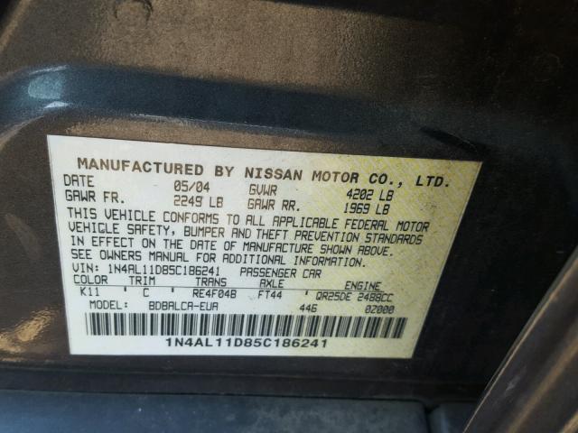 1N4AL11D85C186241 - 2005 NISSAN ALTIMA S GRAY photo 10