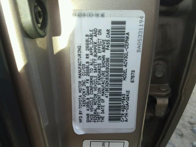 4T1BE32K83U690096 - 2003 TOYOTA CAMRY LE GOLD photo 10