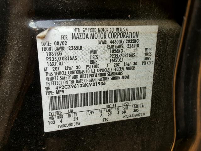 4F2CZ96103KM01936 - 2003 MAZDA TRIBUTE ES BLACK photo 10