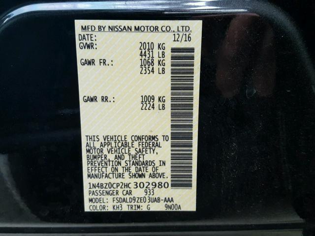 1N4BZ0CP2HC302980 - 2017 NISSAN LEAF S BLACK photo 10