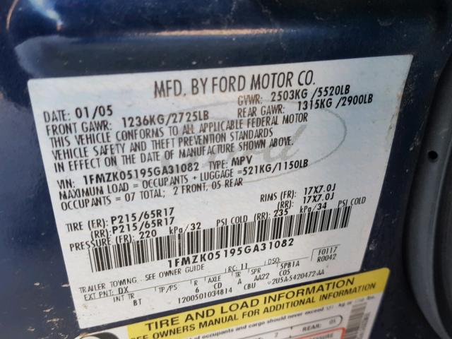 1FMZK05195GA31082 - 2005 FORD FREESTYLE BLUE photo 10