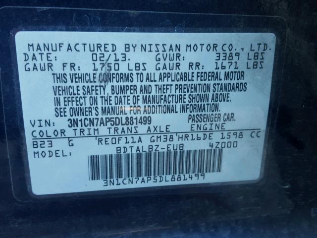 3N1CN7AP5DL881499 - 2013 NISSAN VERSA S BLUE photo 10