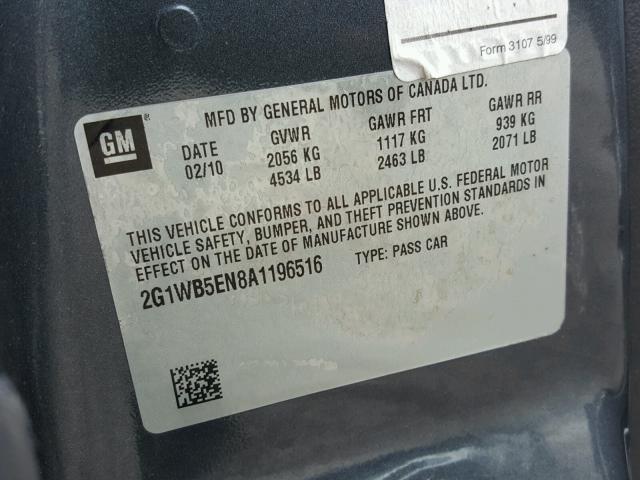 2G1WB5EN8A1196516 - 2010 CHEVROLET IMPALA LT GRAY photo 10