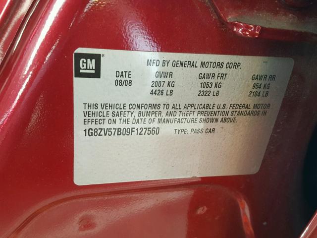 1G8ZV57B09F127560 - 2009 SATURN AURA XR RED photo 10