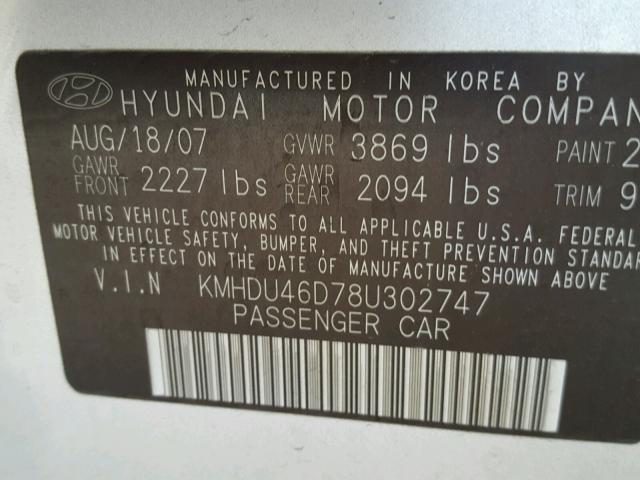 KMHDU46D78U302747 - 2008 HYUNDAI ELANTRA GL SILVER photo 10