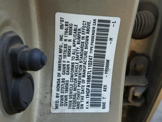 1HGFA16867L110247 - 2007 HONDA CIVIC EX GOLD photo 10