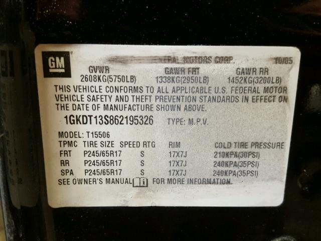 1GKDT13S862195326 - 2006 GMC ENVOY BLACK photo 10