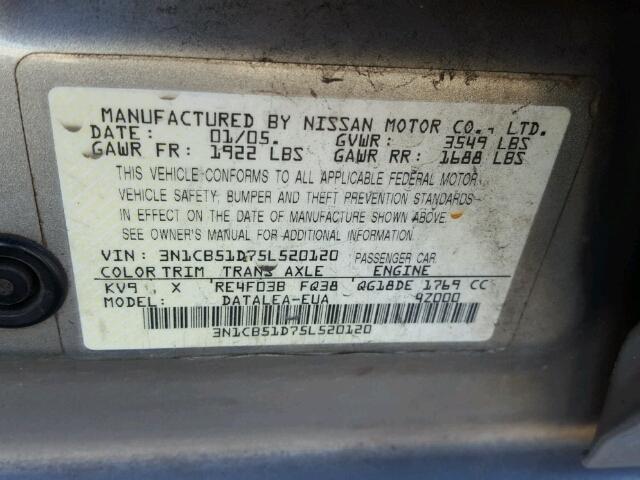 3N1CB51D75L520120 - 2005 NISSAN SENTRA 1.8 GRAY photo 10