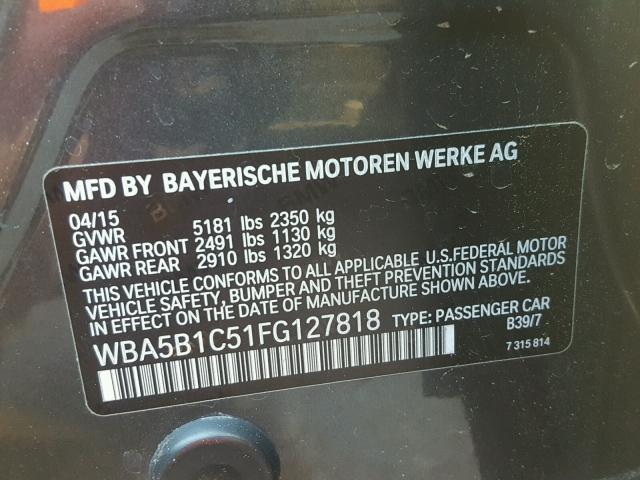 WBA5B1C51FG127818 - 2015 BMW 535 I CHARCOAL photo 10
