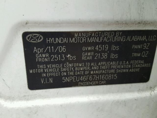 5NPEU46F67H160815 - 2007 HYUNDAI SONATA SE WHITE photo 10