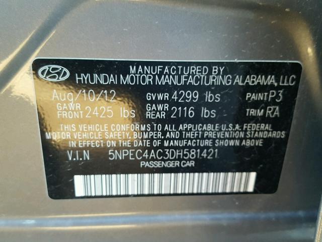 5NPEC4AC3DH581421 - 2013 HYUNDAI SONATA SE GRAY photo 10