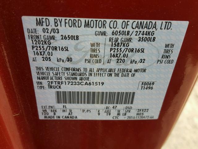 2FTRF17233CA61519 - 2003 FORD F150 RED photo 10