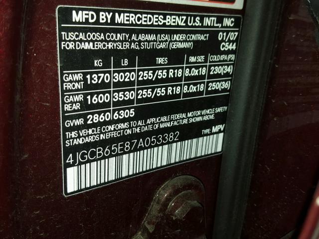 4JGCB65E87A053382 - 2007 MERCEDES-BENZ R 350 BURGUNDY photo 10