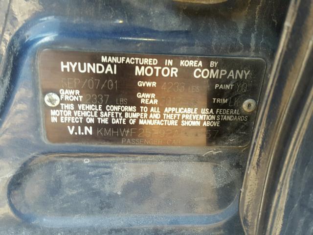 KMHWF25H92A549157 - 2002 HYUNDAI SONATA GL BLUE photo 10