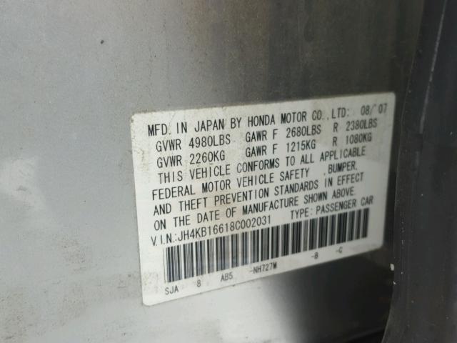 JH4KB16618C002031 - 2008 ACURA RL ვერცხლისფერი ფოტო 10