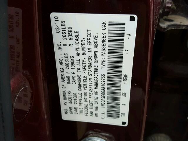 1HGCP2F86AA109755 - 2010 HONDA ACCORD EXL MAROON photo 10