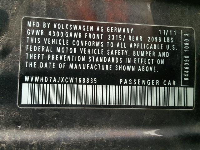 WVWHD7AJXCW168835 - 2012 VOLKSWAGEN GTI BLACK photo 10