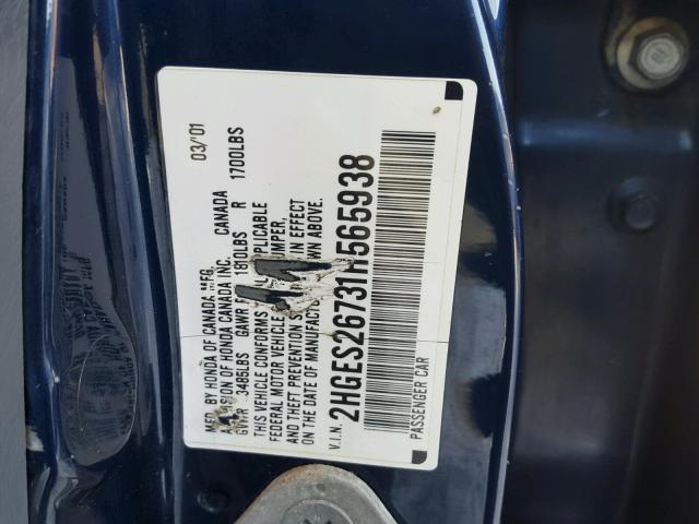 2HGES26731H565938 - 2001 HONDA CIVIC EX ლურჯი ფოტო 10