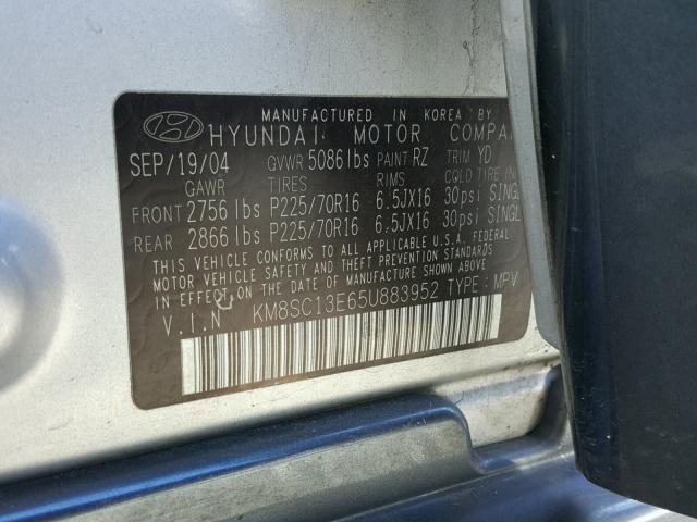 KM8SC13E65U883952 - 2005 HYUNDAI SANTA FE G SILVER photo 10