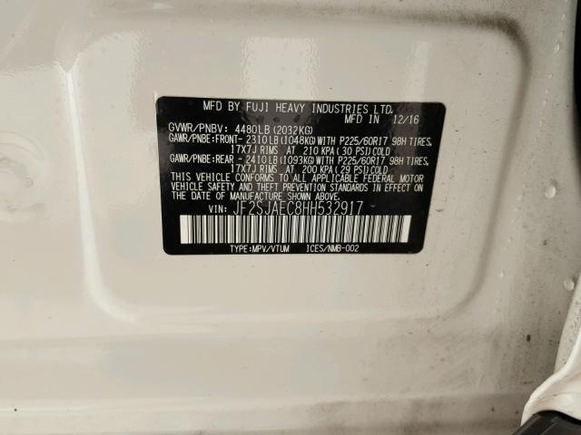 JF2SJAEC8HH532917 - 2017 SUBARU FORESTER 2 WHITE photo 10