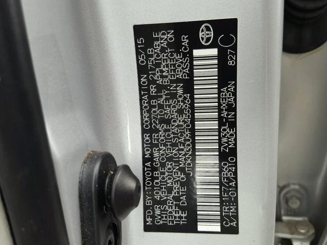 JTDKN3DU9F0455964 - 2015 TOYOTA PRIUS SILVER photo 10