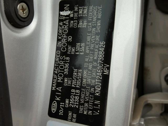 KNDJT2A61C7388426 - 2012 KIA SOUL + SILVER photo 10