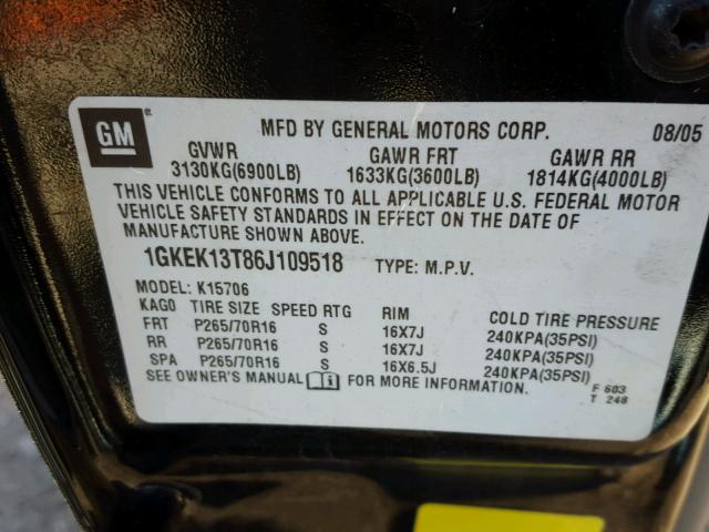 1GKEK13T86J109518 - 2006 GMC YUKON BLACK photo 10