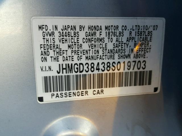 JHMGD38438S019703 - 2008 HONDA FIT BLUE photo 10