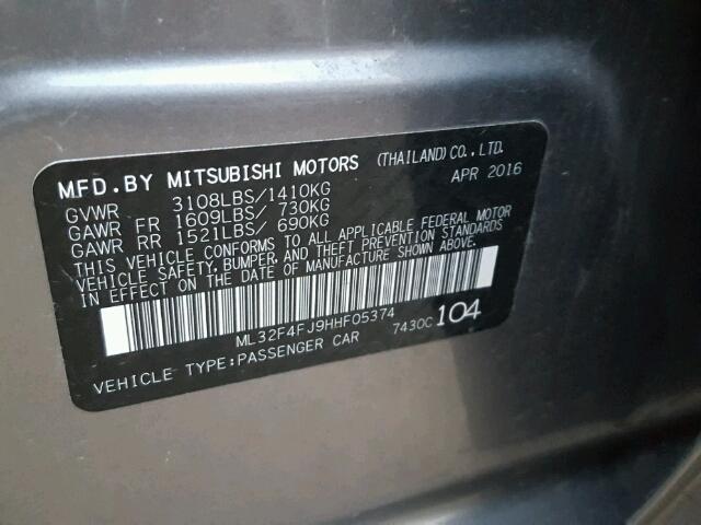 ML32F4FJ9HHF05374 - 2017 MITSUBISHI MIRAGE G4 GRAY photo 10