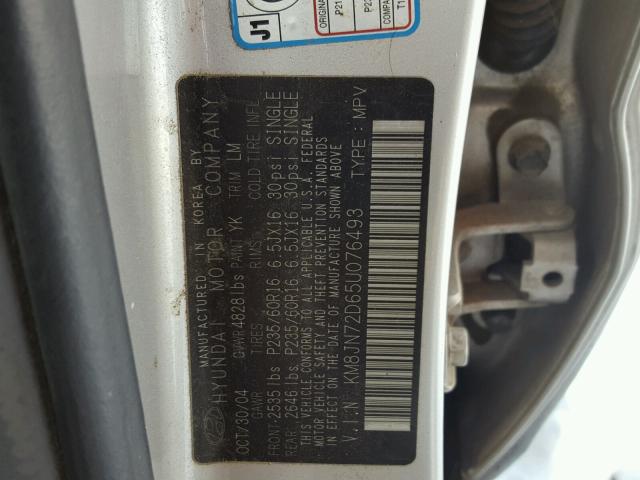 KM8JN72D65U076493 - 2005 HYUNDAI TUCSON GLS SILVER photo 10