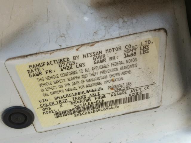 3N1CB51D84L846636 - 2004 NISSAN SENTRA 1.8 WHITE photo 10