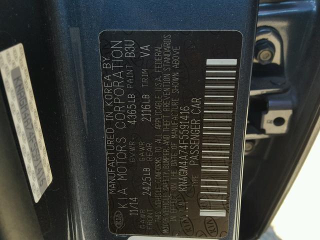 KNAGM4A74F5591416 - 2015 KIA OPTIMA LX BLUE photo 10