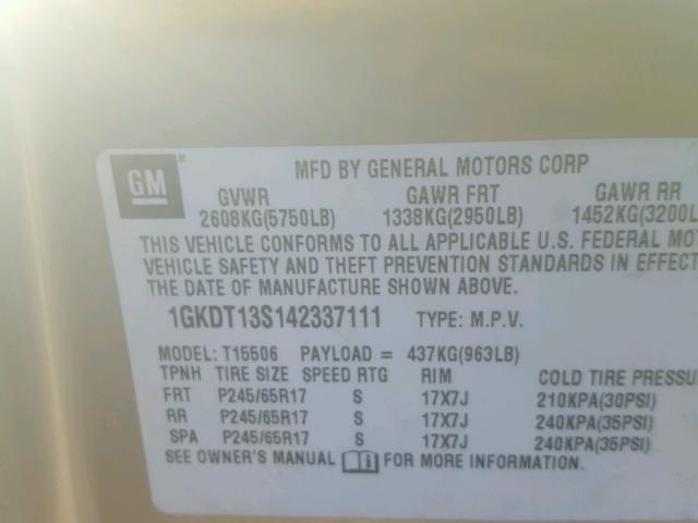 1GKDT13S142337111 - 2004 GMC ENVOY GOLD photo 10