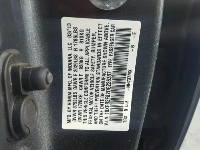 19XFB2F82DE226387 - 2013 HONDA CIVIC EX GRAY photo 10