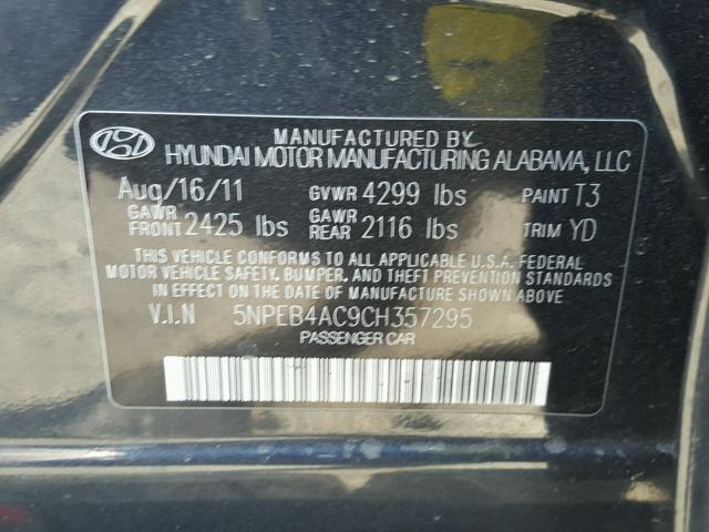 5NPEB4AC9CH357295 - 2012 HYUNDAI SONATA GLS BLACK photo 10