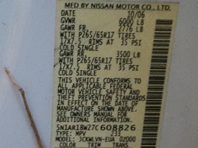 5N1AR18W27C608826 - 2007 NISSAN PATHFINDER WHITE photo 10