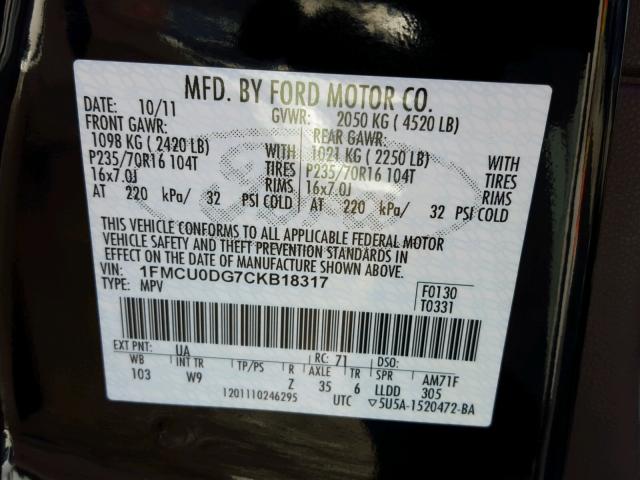 1FMCU0DG7CKB18317 - 2012 FORD ESCAPE XLT BLACK photo 10