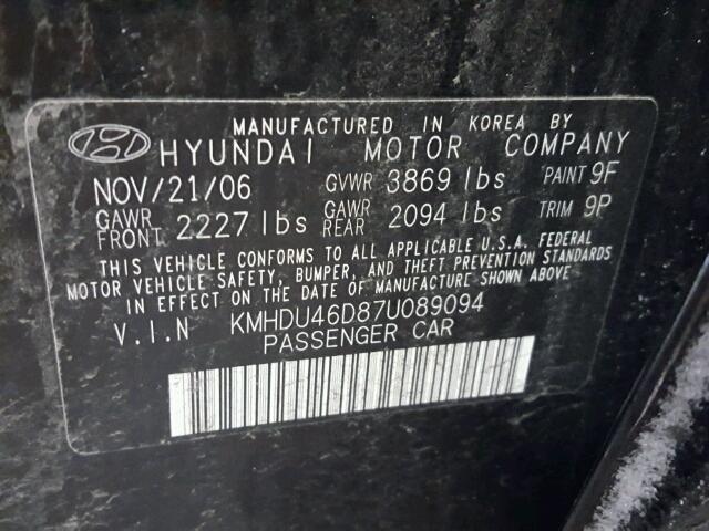 KMHDU46D87U089094 - 2007 HYUNDAI ELANTRA GL BLACK photo 10