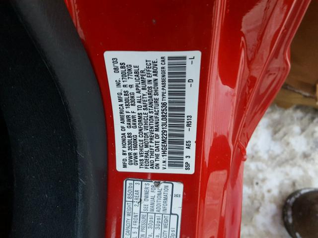 1HGEM22913L082536 - 2003 HONDA CIVIC EX 红色 照片 10