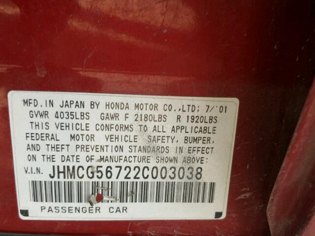 JHMCG56722C003038 - 2002 HONDA ACCORD SE RED photo 10