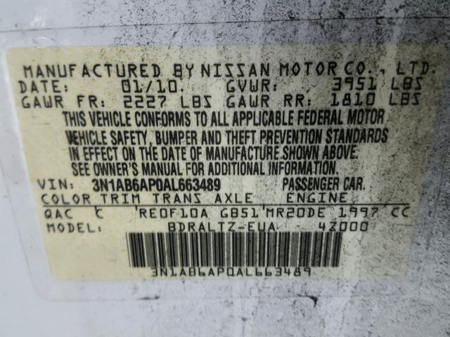 3N1AB6AP0AL663489 - 2010 NISSAN SENTRA BAS WHITE photo 10