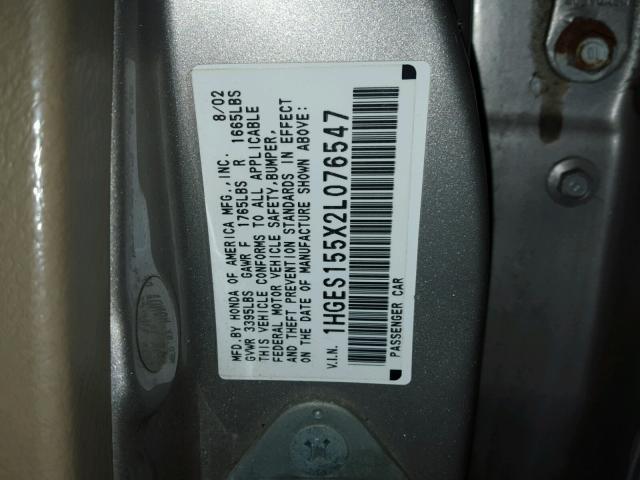 1HGES155X2L076547 - 2002 HONDA CIVIC LX BEIGE photo 10