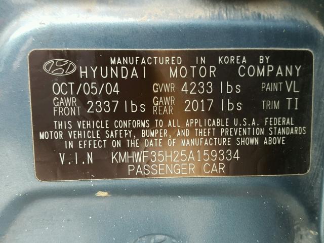 KMHWF35H25A159334 - 2005 HYUNDAI SONATA GLS BLUE photo 10