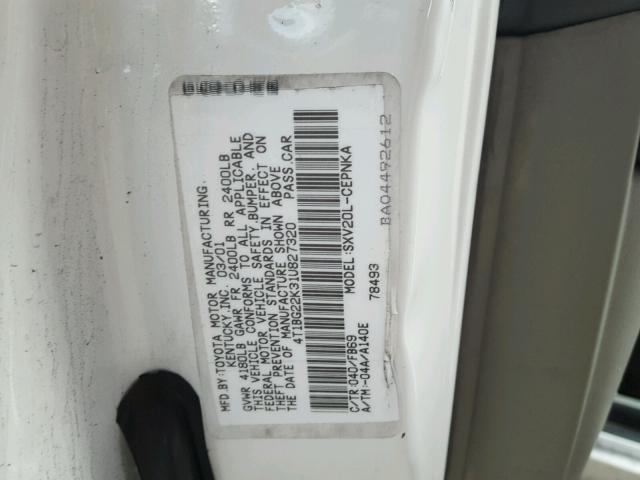 4T1BG22K31U827320 - 2001 TOYOTA CAMRY CE WHITE photo 10